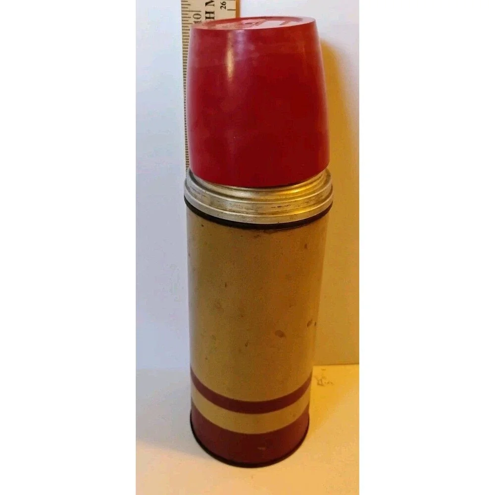 Vintage 1950s American Thermos Co Pint Flask 10 Oz Cork Stopper Maroon Tan